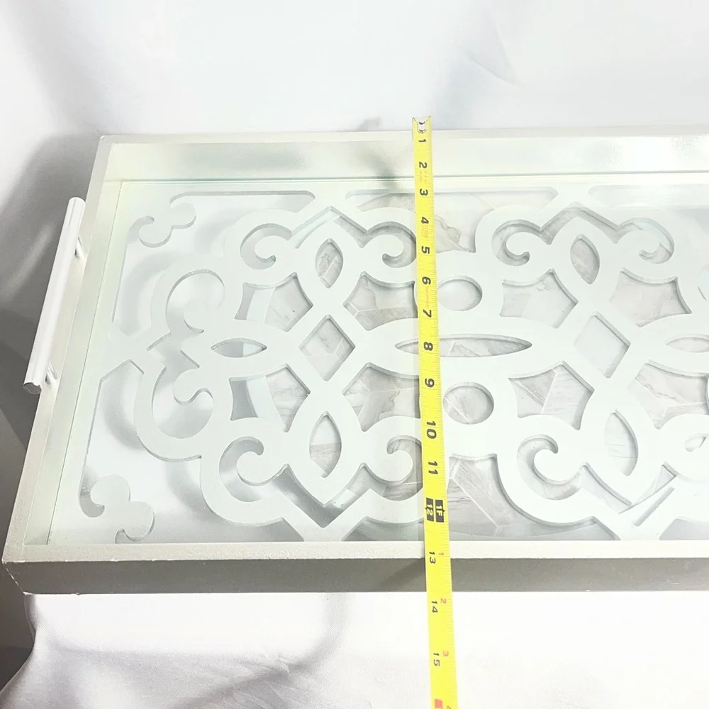 Decorative Serving Tray Silver White Cutout Glass Bottom Handles 17in